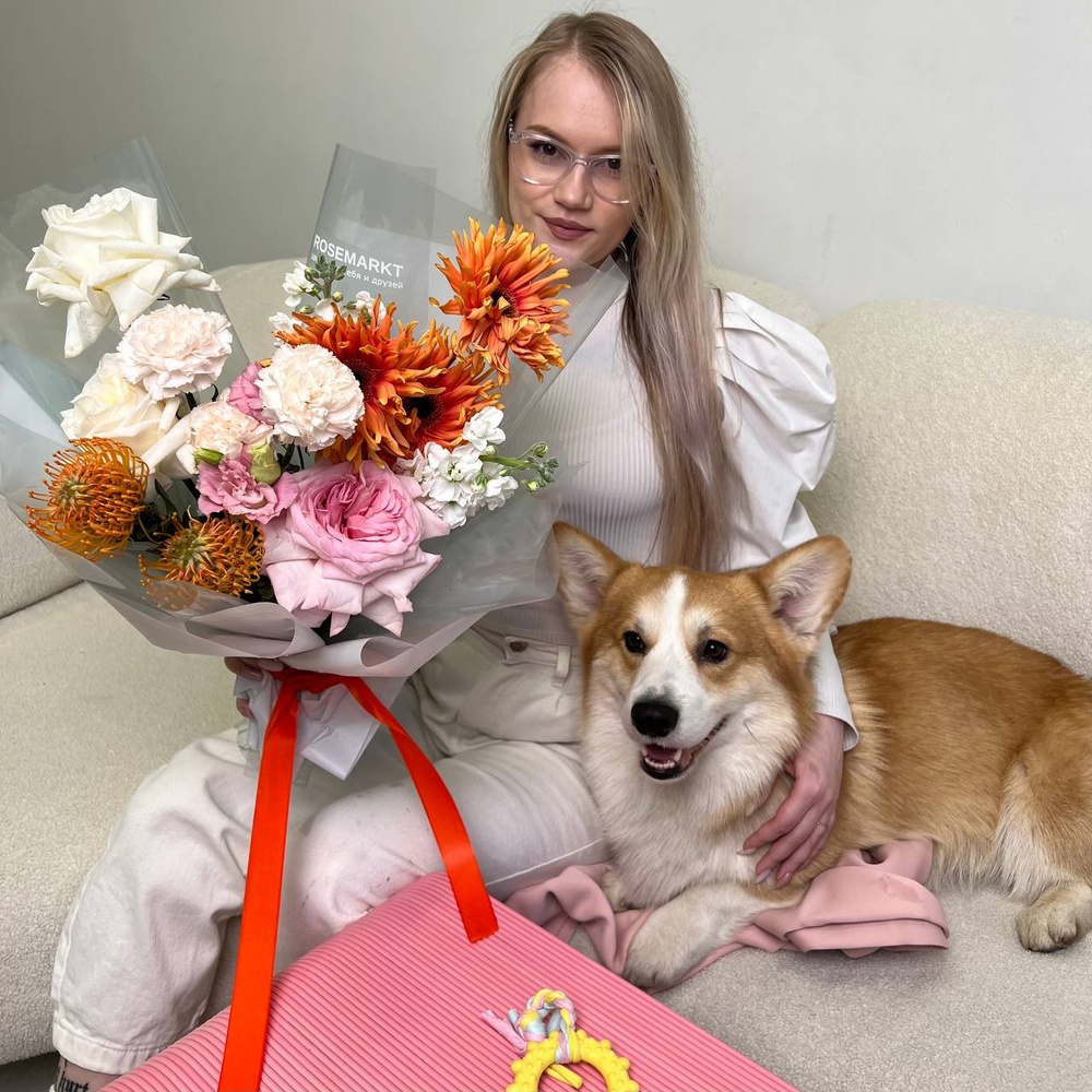 Педигррри: фактурная гербера, стойкий нутан и пионовидная раза + ИГРУШКА ДЛЯ ПИТОМЦА В ПОДАРОК!