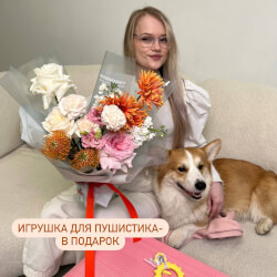 Букет «Педигррри: фактурная гербера, стойкий нутан и пионовидная раза + ИГРУШКА ДЛЯ ПИТОМЦА В ПОДАРОК!» Букет «Педигррри: фактурная гербера, стойкий нутан и пионовидная раза + ИГРУШКА ДЛЯ ПИТОМЦА В ПОДАРОК!»