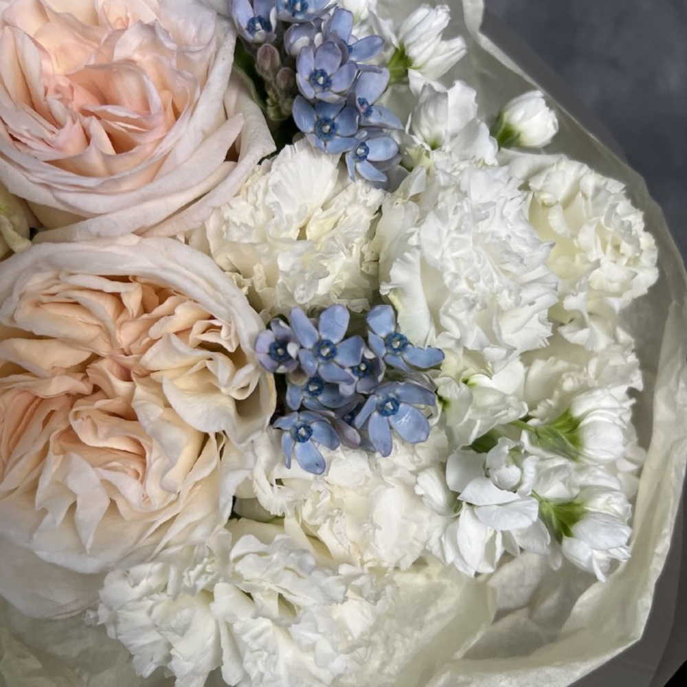 Моей единственной: пионовидные розы, лизиантус и твидия + аквабокс и коробка-переноска