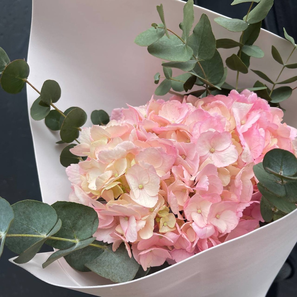 В самое сердце: розовая гортензия и эвкалипт