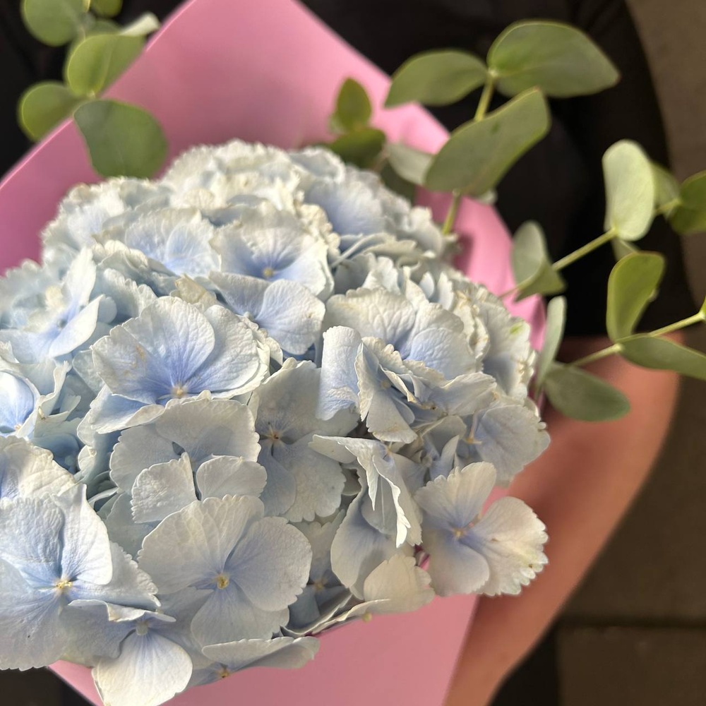 В самое сердце: голубая гортензия и эвкалипт