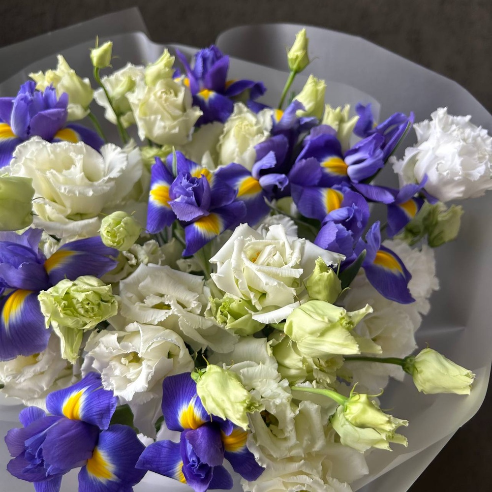 Чудо любви: ирисы синие и белые лизиантусы с аквабоксом и коробкой-переноской