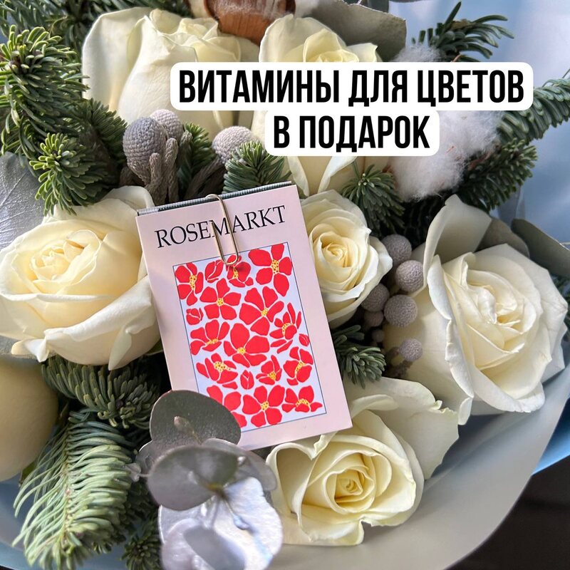 Подарок: 9 белых роз с еловыми ветвями