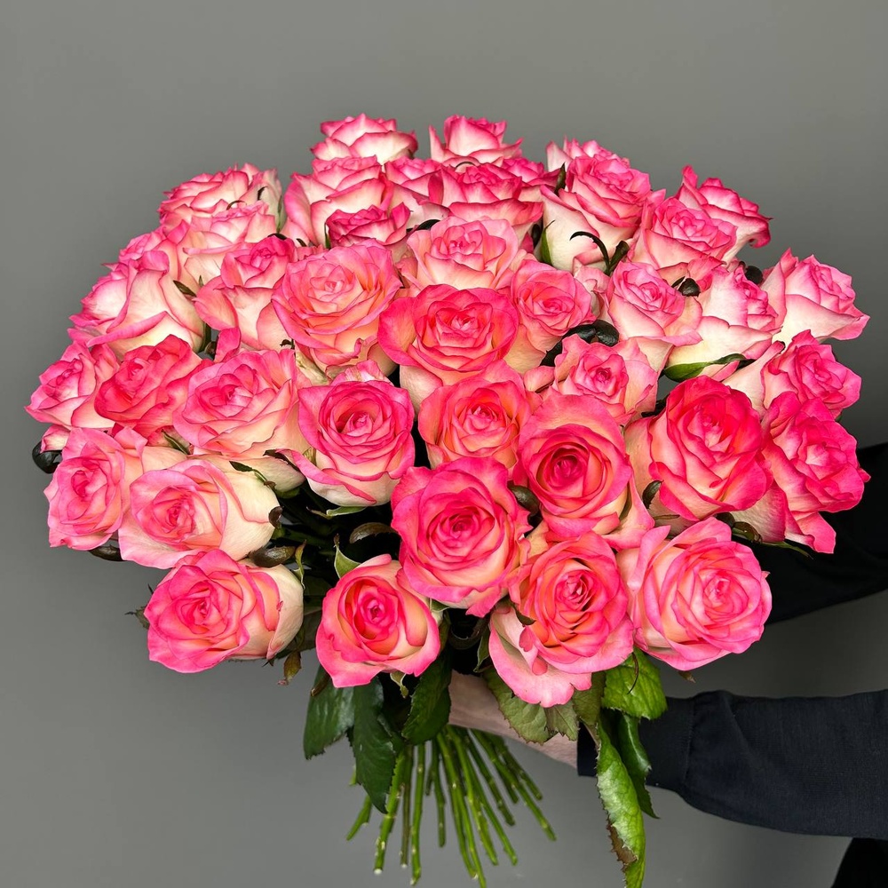 Свежие 41 розовая роза под ленту