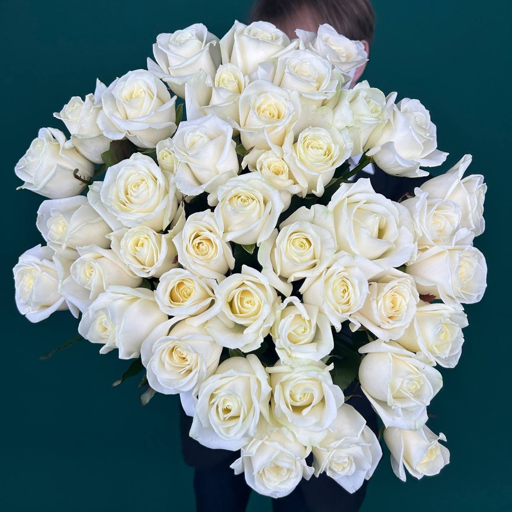 Свежие 41 белая роза под ленту + аквабокс с коробкой-переноской