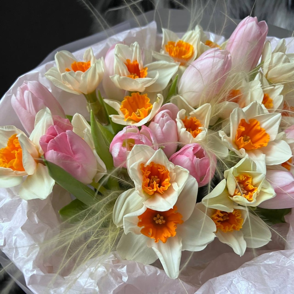 Формула весны: розовые тюльпаны + нарциссы с аквабоксом и коробкой-переноской