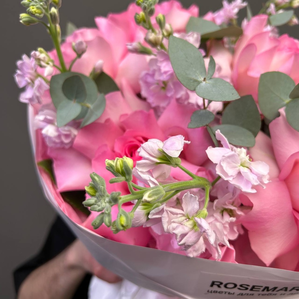 Её нежные поцелуи: французская роза и маттиола + аквабокс и коробка-переноска