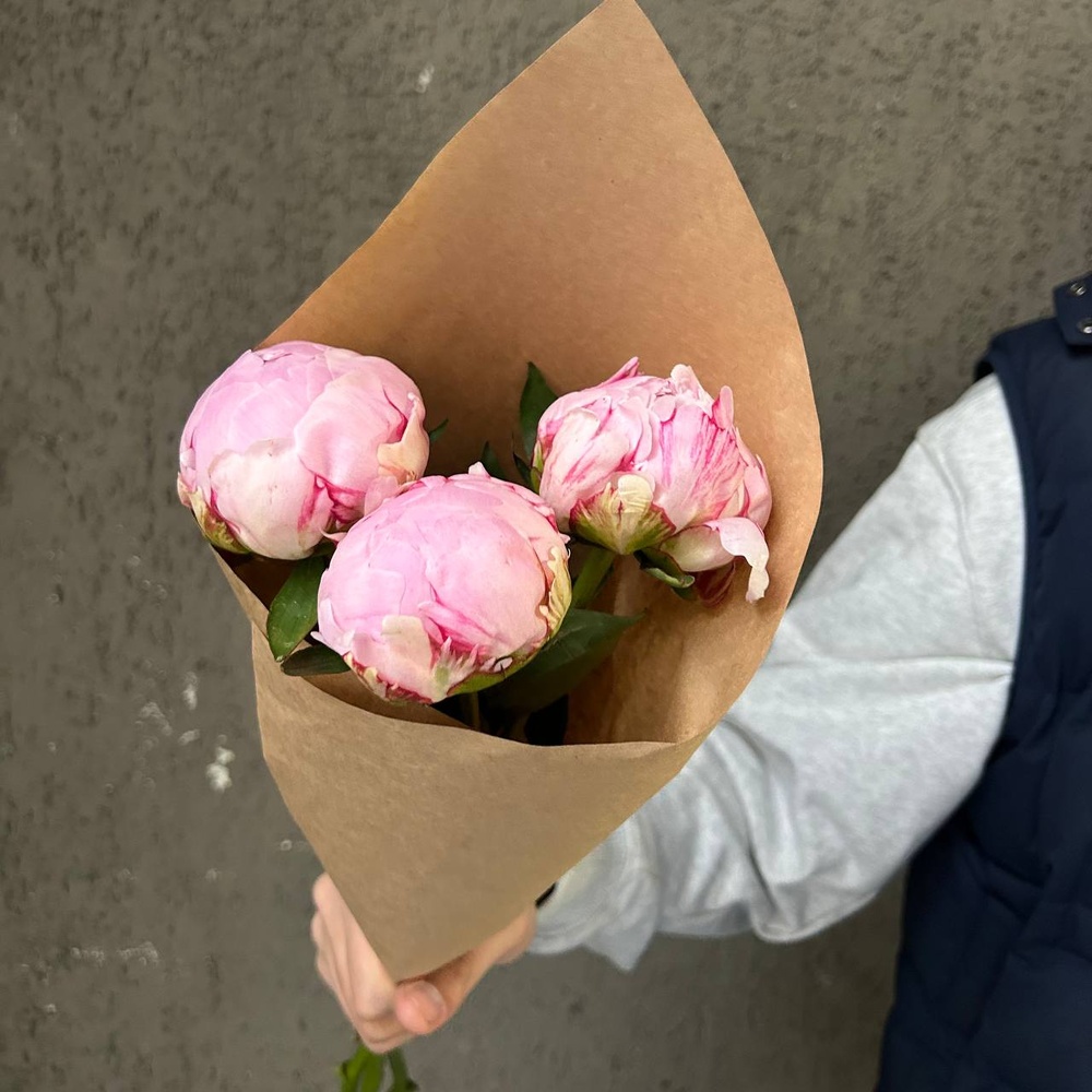 Свежих 3 розовых пиона в крафте