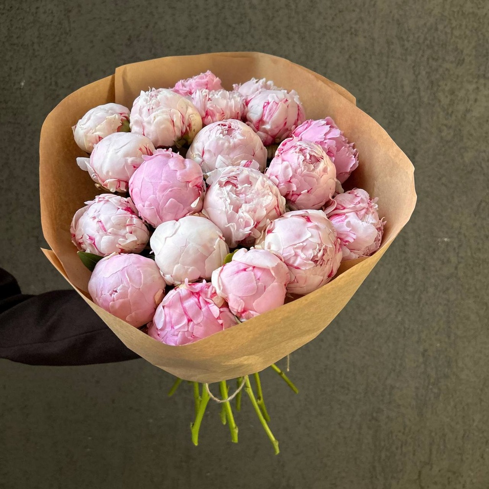 Свежих 19 розовых пионов в крафте
