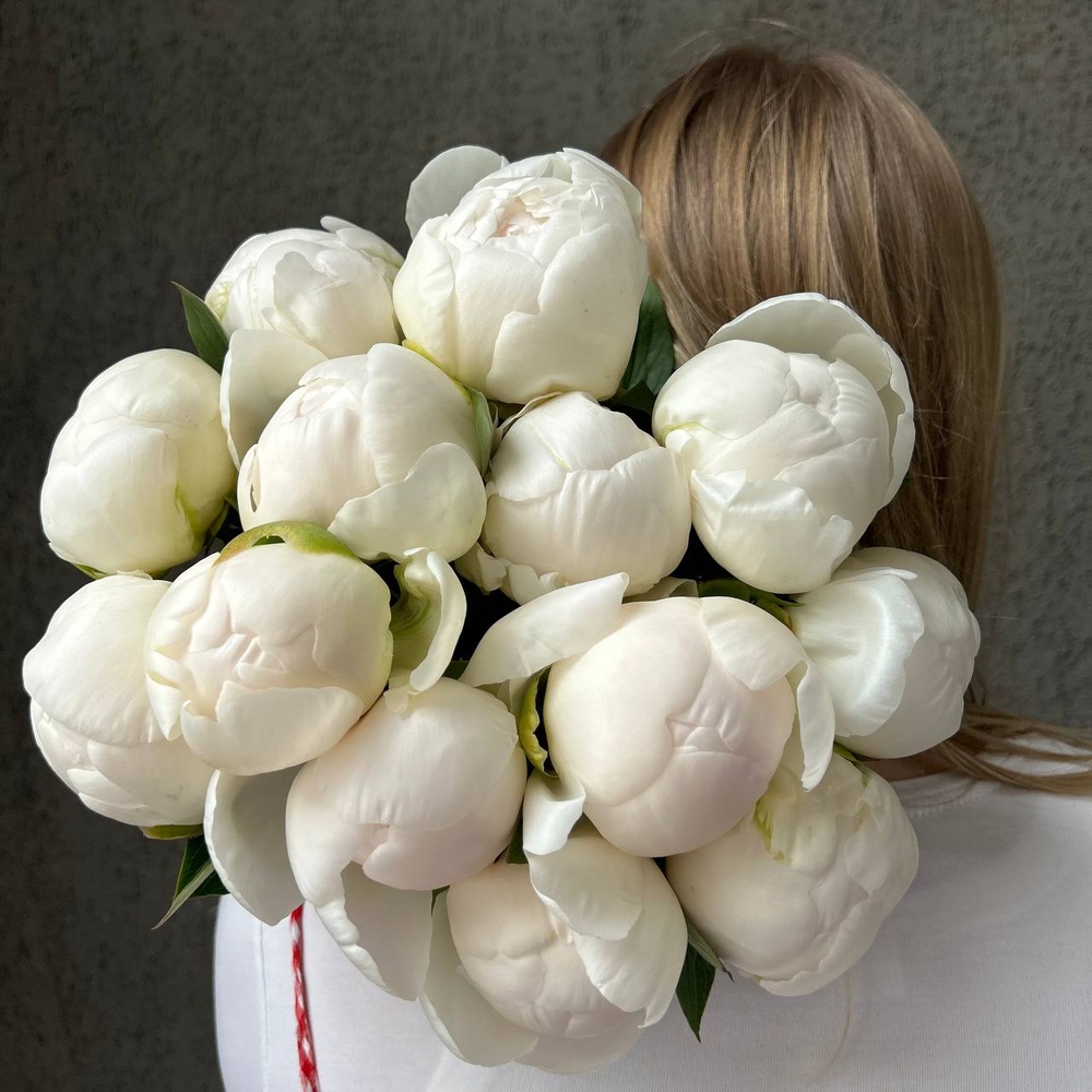 Свежих 13 белых пионов под ленту