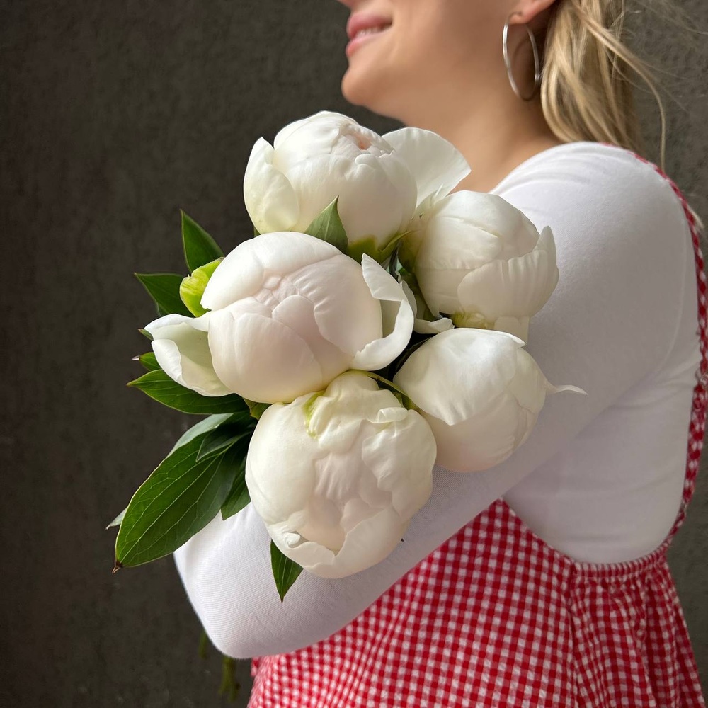 Свежих 5 белых пионов под ленту 