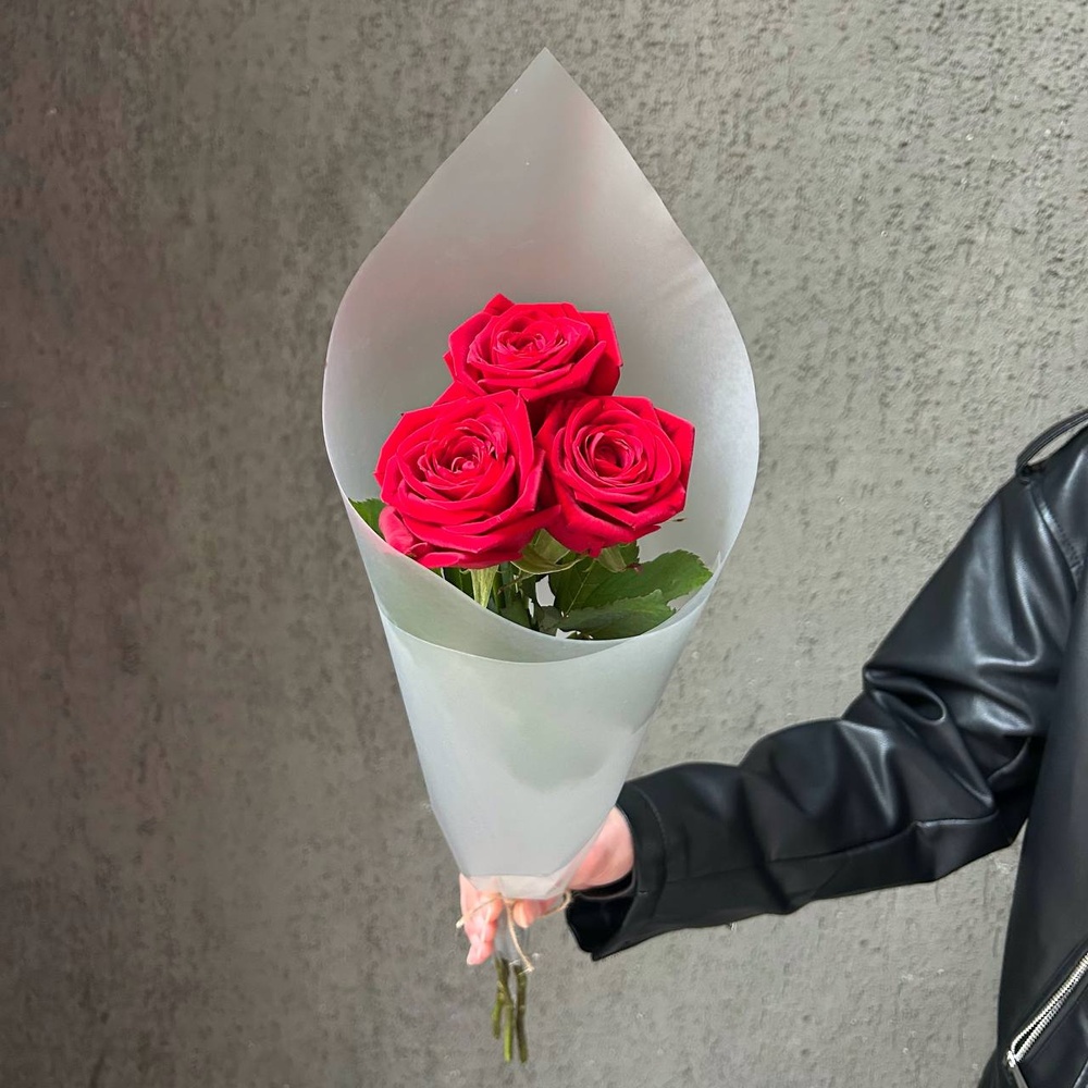 Нескучная классика: 3 красные розы в матовой пленке