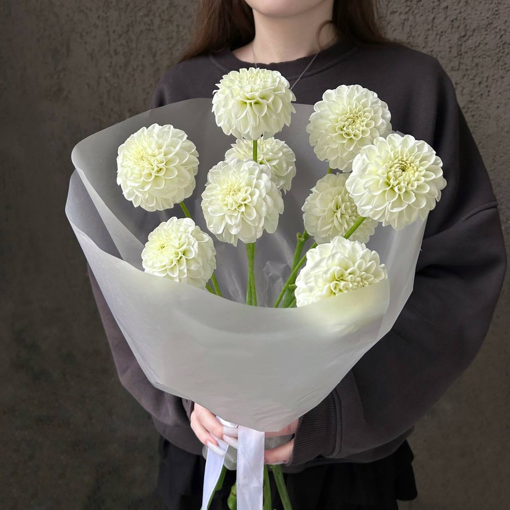 Белые помпоны черлидеров: букет из георгинов